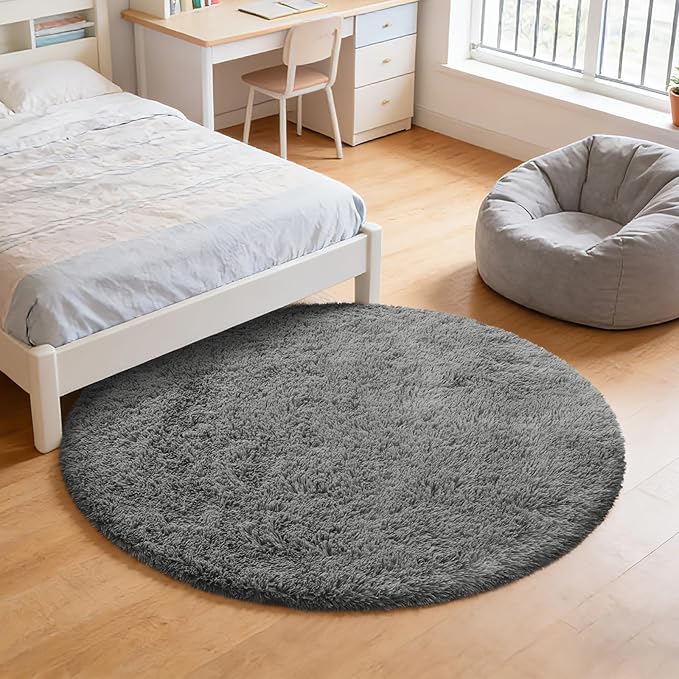 yulidayang Fluffy Round Area Rugs for Living Room,6'X6'Shag Circle Area Rugs for Bedroom,Non Slip Fuzzy Plush Rug for Kids Room Boys Girls Room and Dorm,Deep Grey