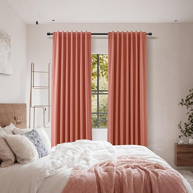 Guken Coral 100% Blackout Linen Curtains 108 Inch Length 2 Panels Set for Living Room Bedroom Back Tab Rod Pocket Thermal Insulated Farmhouse Black Out Drapes Room Darkening,52x108