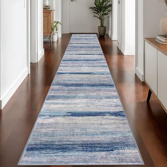KOZYFLY Modern Abstract Washable Rug Runner 2.6x16 Hallway Rug Runner Non-Slip Soft Kitchen Runner Rugs, Blue/Grey/Beige Striped Carpet for Stair Entryway Bathroom Laundry Room Foyer
