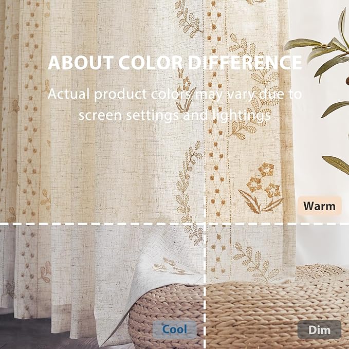 jinchan Belrose Linen Curtains for Bedroom Floral Curtains 63 Inch Length Linen Blend Beige Embroidered Drapes Farmhouse Flower Patterned Drapes for Living Room Window Treatments Sets 4 Panels