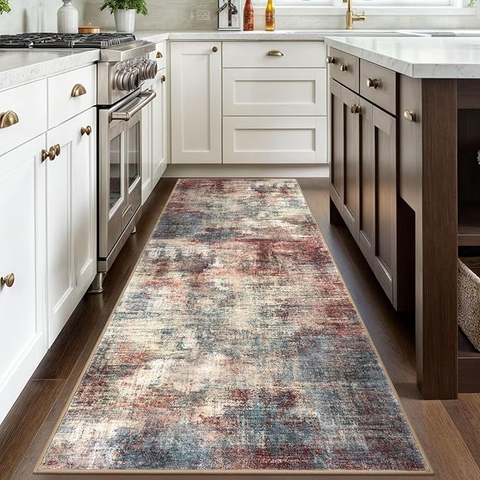 IOHOUZE Abstract Runner Rug 3x8 Ft Washable Runners for Hallways, Non Slip Kitchen Runner Printed Faux Wool Entryway Runner Indoor, Modern Abstract Floor Carpet for Hall Bedroom, Red/Multi
