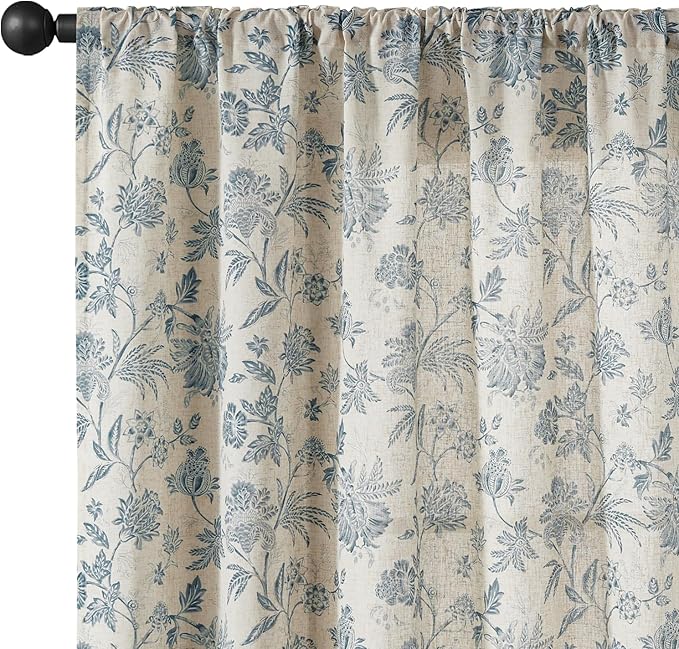 jinchan Linen Floral Curtains for Living Room with Printed Flower 84 Inches Long Light Filtering French Country Back Tab Rod Pocket Blue Window Curtain Set Farmhouse Drapes 2 Panels Blue