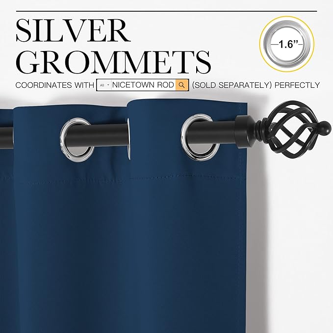 NICETOWN Moroccan Blue Blackout Curtain Panels for Bedroom, 2 Panels, W42 x L40-inch, Thermal Insulated Grommet Top Blackout Draperies and Drapes for Basement