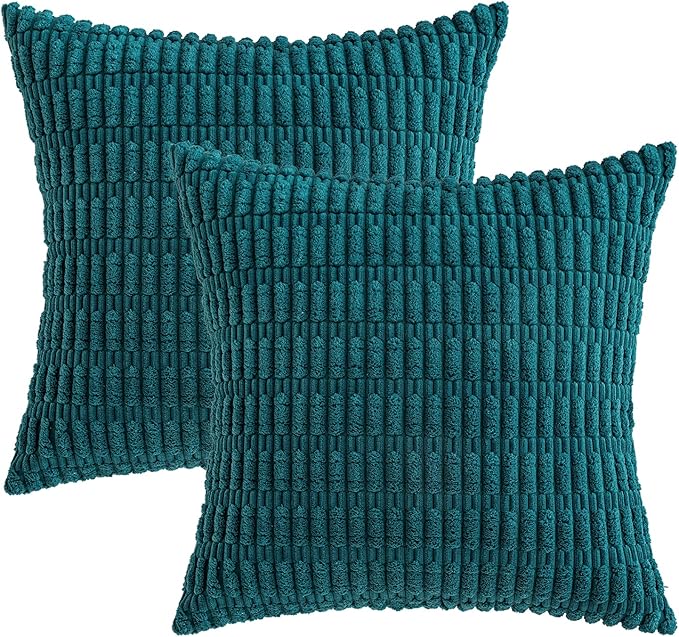 MIULEE Pack of 2 Corduroy Decorative Throw Pillow Covers 18x18 Inch Soft Boho Striped Pillow Covers Modern Farmhouse Home Decor for Summer Coastal Sofa Living Room Couch Bed Teal