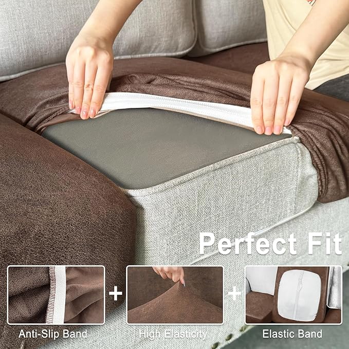 Leather Look Couch Cushion Covers Sofa Seat Slipcovers Sets Couches Furniture Protector for Sectional Armchair Loveseat Pets Kids Stretch Spandex Fabric (3 Cushion Sofa, Brown)