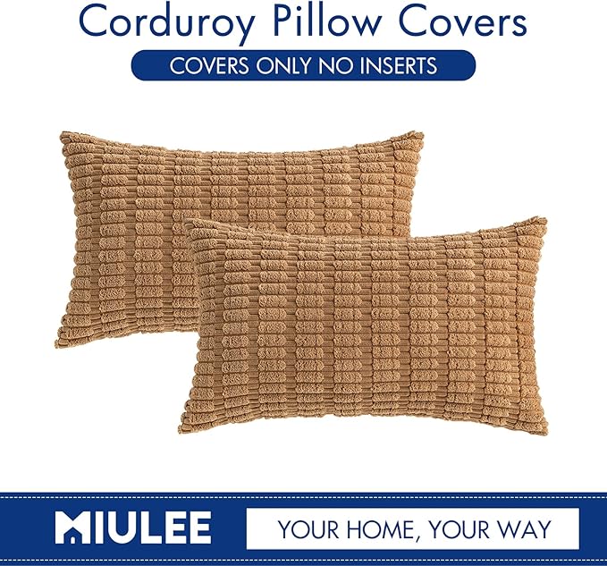 MIULEE Pack of 2 Corduroy Decorative Lumbar Throw Pillow Covers 20x12 Inch Soft Boho Striped Pillow Covers Modern Farmhouse Home Decor for Sofa Living Room Couch Bed Brown