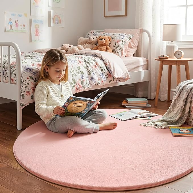 Amearea Pink Round Area Rugs 4ft Washable Circle Rugs for Bedroom Living Room, Fluffy Indoor Thickened Memory Foam Rug, Non Slip Minimalist Circular Carpet for Kids Boys Girls Dorm Nursery Room Decor