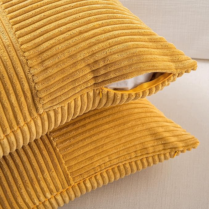 Fancy Homi 2 Packs Gold Yellow Big Decorative Throw Pillow Covers 24x24 Inch for Couch Bed Sofa, Rustic Farmhouse Boho Home Decor, Soft Corss Corduroy Patchwork Accent Square Cushion Case 60x60 cm