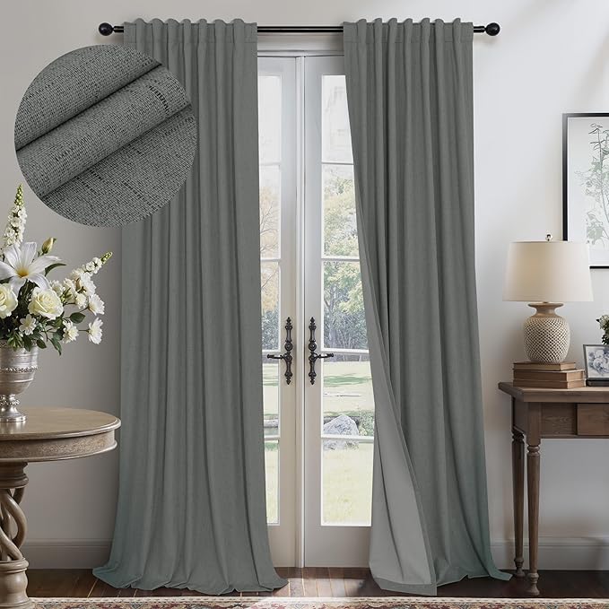 Dark Grey Curtains 108 Inches Long 2 Panels Set for High Ceiling Window Linen Textured Blackout Drapes for Living Room Bedroom Modern Farmhouse Black Out Curtains 9 FT Foot Length Slate Charcoal Gray