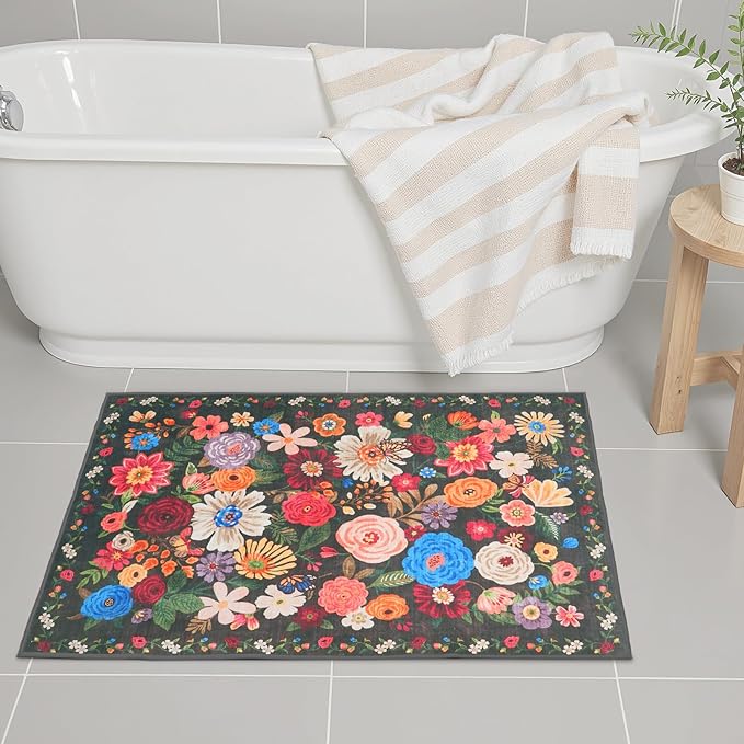 Black/Brown 24x17 Inch Home Decor Entry Rug, Small Door Mat Bath Mats for Bathroom, Ultra-Thin Non Slip Floral Low Pile Tub Mat for Sink Shower Doorway Tub Kitchen Sink(2 x 1.4 ft, Black/Brown)