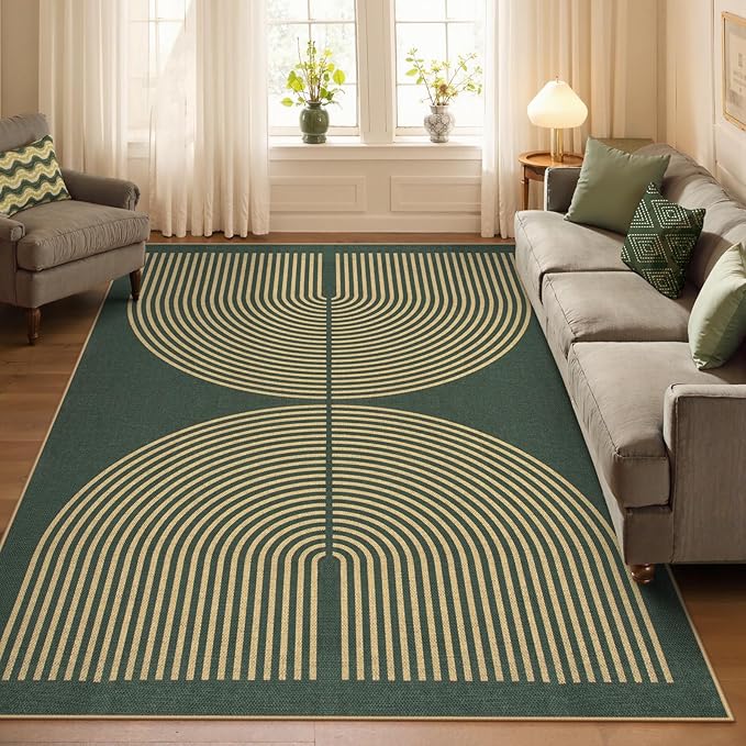Lahome Enfys Modern Rainbow Easy Jute Indoor Outdoor Rugs, 5x7 Dark Green Rug for Living Room Office, Farmhouse Non Slip Non Shedding Floor Carpet for Dining Room Deck Sunroom