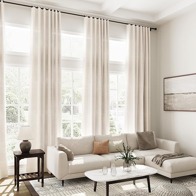 Extra Long Curtain 102 inches Long 2 Panels Set Back Tab Beige Drapes for Living Room Neutral Farmhouse Light Filtering Semi Sheer Linen Curtains 102 inch Length for Large Window Tan 9 FT Tall