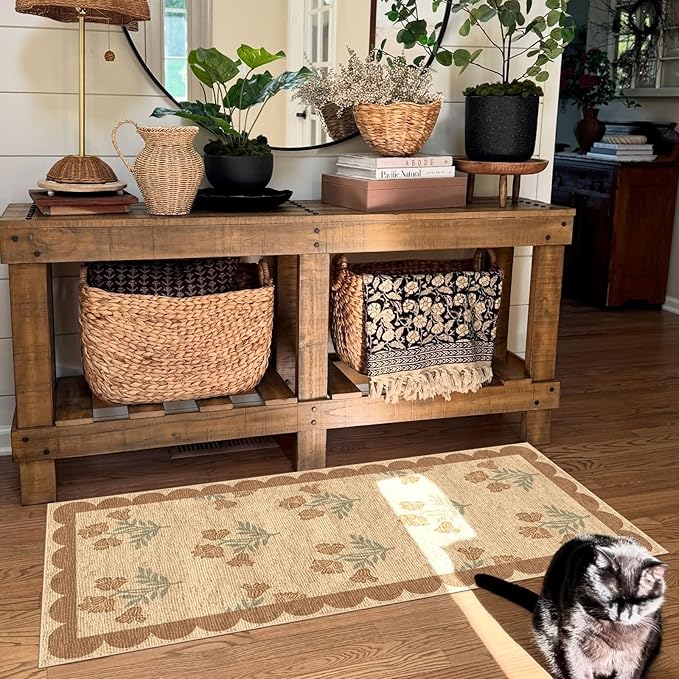 Front Door Mat Indoor Entrance - 2x4.3 Ft Tan Floral Washable Layered Doormat Outdoor Entrance Porch Rug Non-Slip Neutral Country Jute-Look Runner Rug for Kitchen Mud Laundry Room Porch Decor