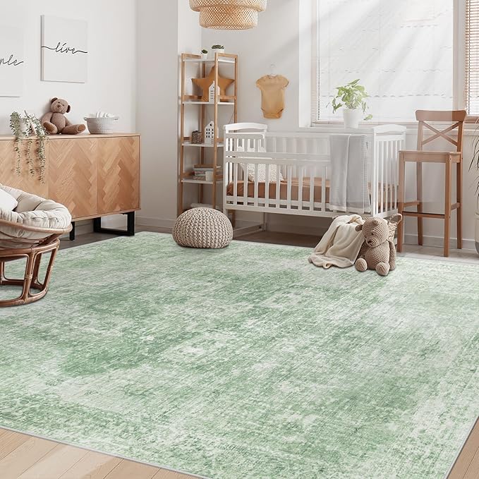 Area Rug 6x9 Washable Rug, Vintage Boho Medallion Rugs Non-Slip Soft Low Pile Large Distressed Rug Indoor Retro Carpet for Living Room Bedroom Dining Room Home Office (SageGreen, 6'x9')