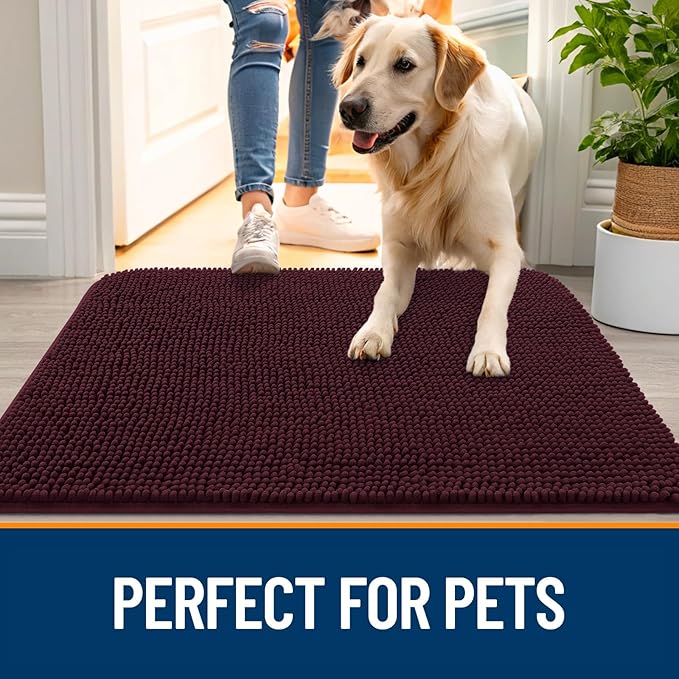 OLANLY Dog Door Mat for Muddy Paws 45x27, Absorbs Moisture and Dirt, Absorbent Non-Slip Washable Doormat, Quick Dry Chenille Mud Mat for Dogs, Entry Indoor Entryway Carpet for Inside Floor, Russet