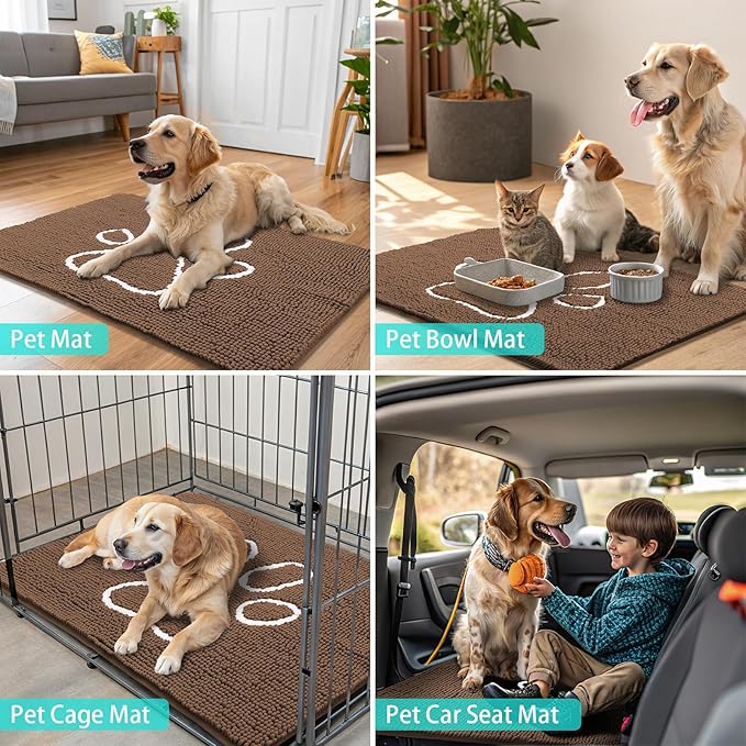 Smiry Dog Door Mat for Muddy Paws, Absorbent Dirt Trapper Non Slip Quick Dry Washable Chenille Mat for Mud Dogs, Entry Rug for Indoor and Outdoor (36x24 Inches, Coffee and White)
