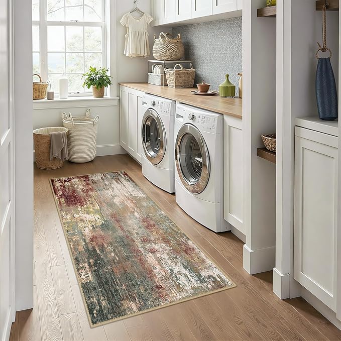 Washable Area Rugs 3x6 Non-Slip Modern Abstract Soft for Living Room Entryway Bedroom Nursery, Print Pattern, Brown Rust Red Green Blue Multi