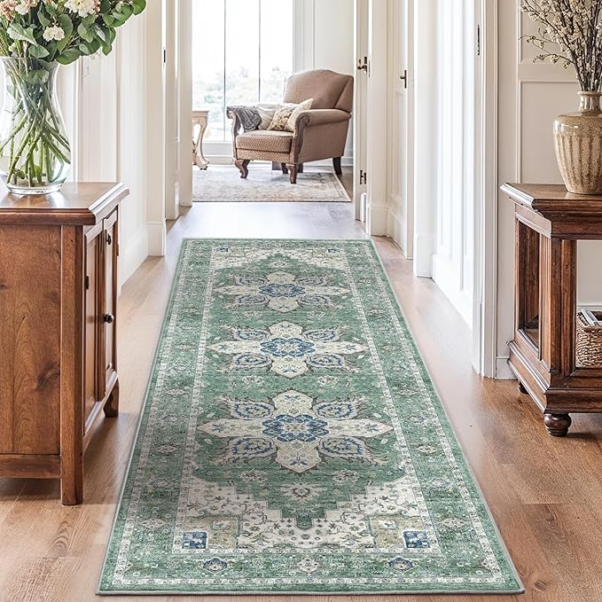 AMADA HOMEFURNISHING 2'6"x10' Washable Area Rug, Low-Profile Entryway Rug with Non-Slip Backing & Durable Edge Binding, Vintage Rug Pattern, Small Rugs for Entryway, Kitchen & Living Room
