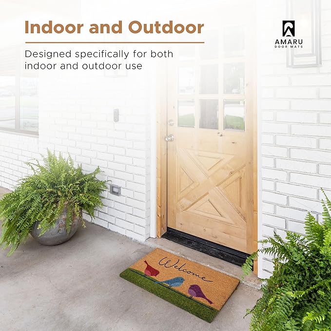 Colorful Birds - 24"x36" - Coir Door Mat with Heavy Duty Backing - Welcome Mats for Entryway, Porch - Anti-Slip PVC & Coconut Fiber Surface - Natural Home Accessories, Minimalist Original Design