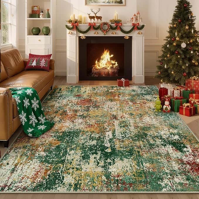 Washable Area Rugs 2'x3' Non-Slip Modern Abstract Soft for Living Room Entryway Bedroom Nursery, Print Pattern, Green Orange Rust Red Cream Colorful