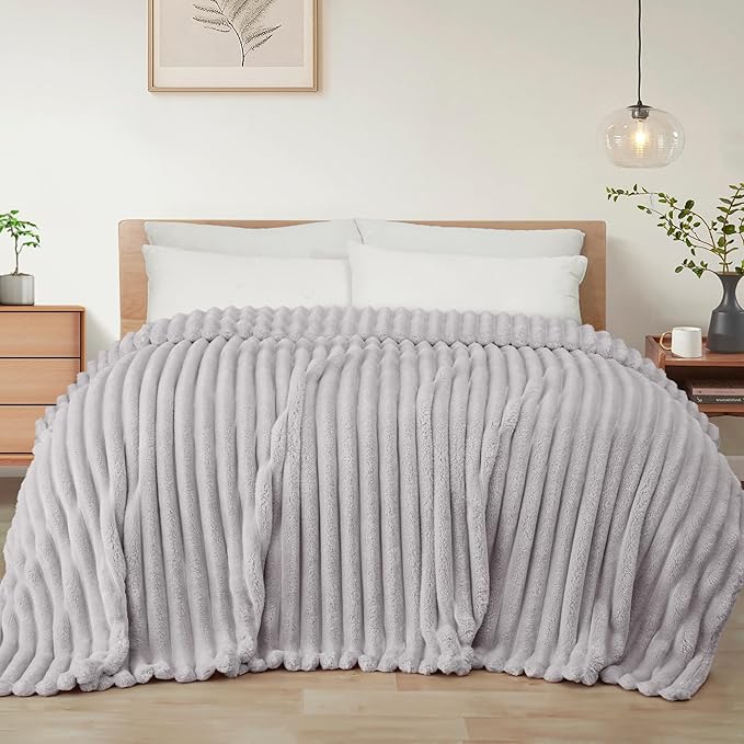 Exclusivo Mezcla Twin Size Flannel Fleece Blanket, Super Soft Striped Jacquard Bed Blanket, Lightweight Fuzzy Cozy for All Seasons, 60x80 Inches, Light Grey