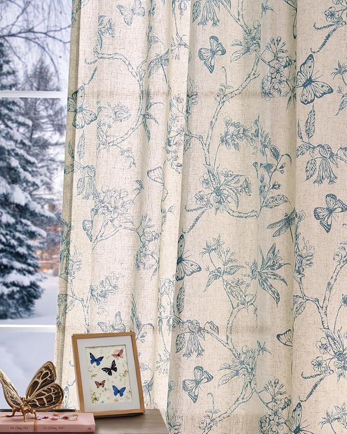 jinchan Floral Linen Curtains for Living Room 84 Inch Length Butterfly Curtain Blue Floral Curtains French Country Farmhouse Curtain Flower Patterned Drapes Window Treatment Set 2 Panels