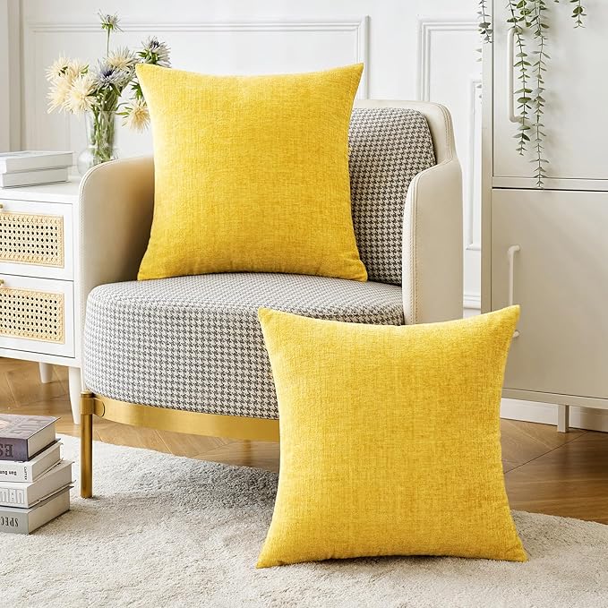 MIULEE Pack of 2 Couch Throw Pillow Covers 18x18 Inch Soft Yellow Chenille Pillow Covers for Sofa Living Room Spring Home Decor Couch Solid Dyed Cases