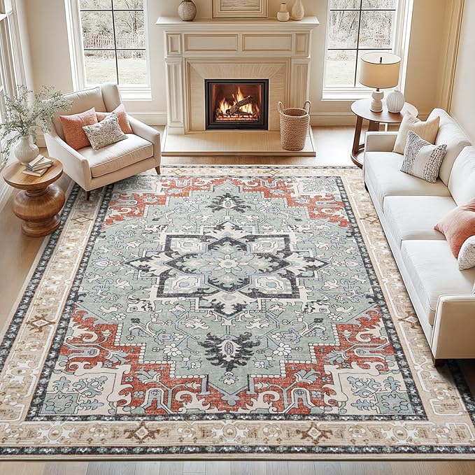 8x10 Area Rugs, Large Area Rug for Living Room, Floral Washable Area Rug for Bedroom, Office, Dining Room, Non-Slip Vintage Boho Rug, Low-Pile Soft Carpet, Traditional Oriental Style, Beige Orange
