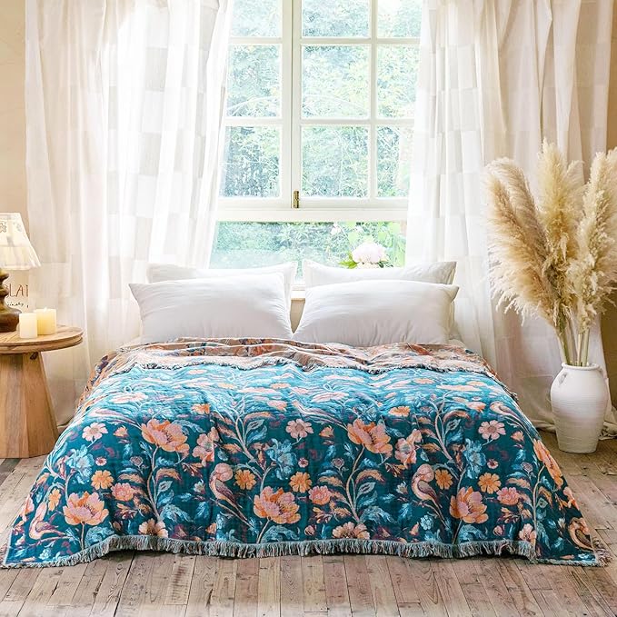 MSGKV Boho Throw Blanket for Couch 50"x60" Cotton Birds Floral Blanket Sofa Chair Blankets Muslin Spring Breathable All Seasons Lightweight Farmhouse Blankets Home Decor