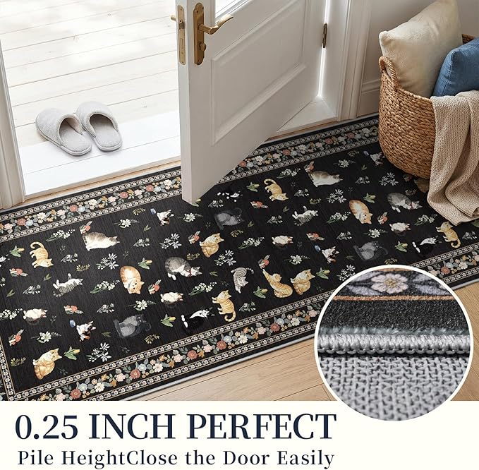 2x5 Washable Kitchen Runner Rug - Soft Low Pile Floral Animal Cat Print Rugs with Non-Slip Backing Waterproof Stain-Resistant Indoor Carpet for Hallway Entryway Bathroom Bedroom (Black)