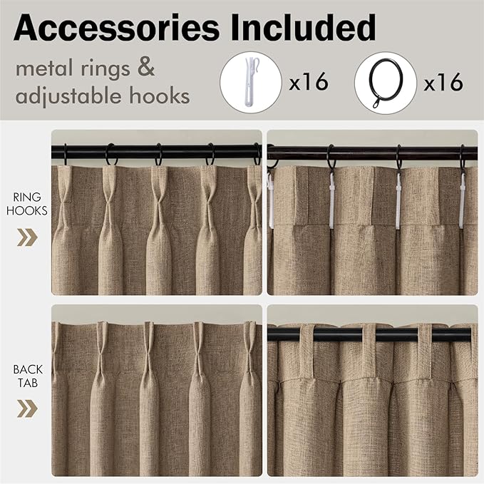 MIULEE Pinch Pleated Thick Linen Curtains 108 Inches Long 2 Panels for Living Room Bedroom, Linen Textured Drapes Back Tab Country Farmhouse Brown Tan Burlap Foor to Ceiling Curtains with Hooks&Rings