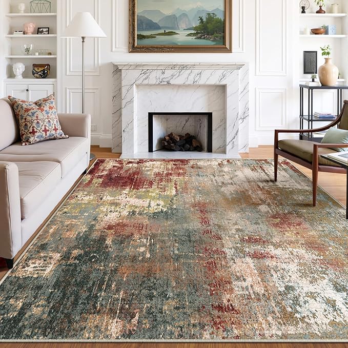 Washable Area Rugs 7x10 Non-Slip Modern Abstract Soft for Living Room Entryway Bedroom Nursery, Print Pattern, Brown Rust Red Green Blue Multi