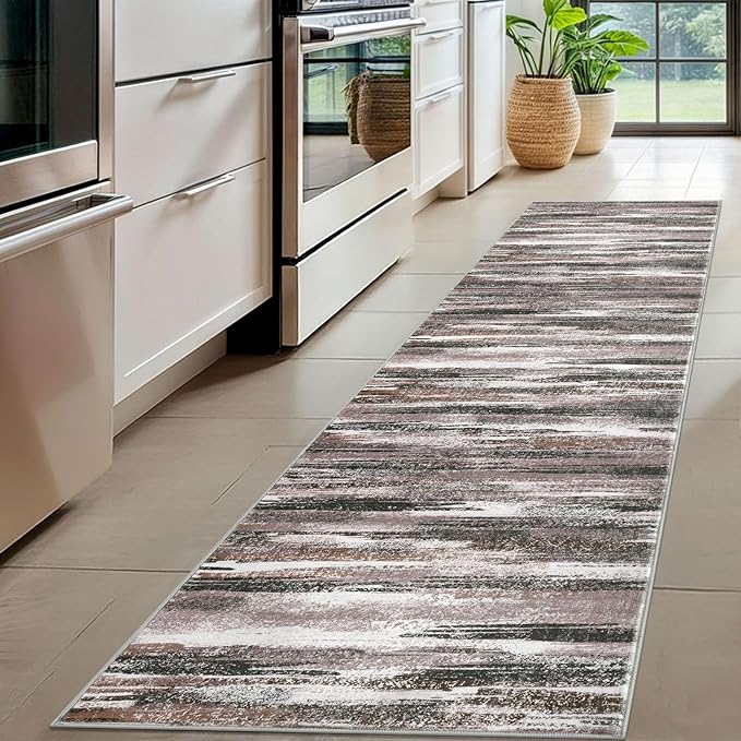 Lansny Modern Abstract Hallway Runner Rug, Dark Light Brown White Washable Kitchen Runner Non-Slip Soft 2x8 Runner Rug Thin Print Faux Wool Carpet for Entryway Bedroom Laundry Room Indoor Home Decor