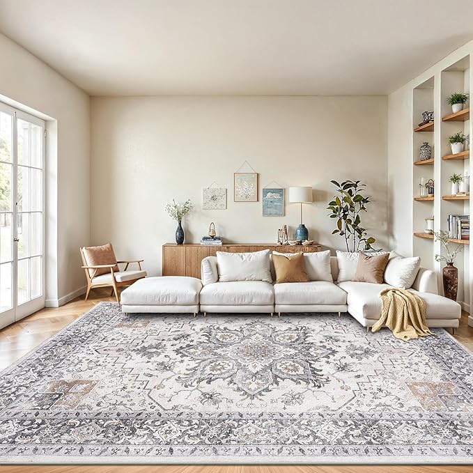 AMADA HOMEFURNISHING 9x12 Washable Area Rug, Low-Profile Large Area Rug with Non-Slip Backing & Durable Edge Binding, Vintage Large Rugs for Living Room, Bedroom & Dinning Room