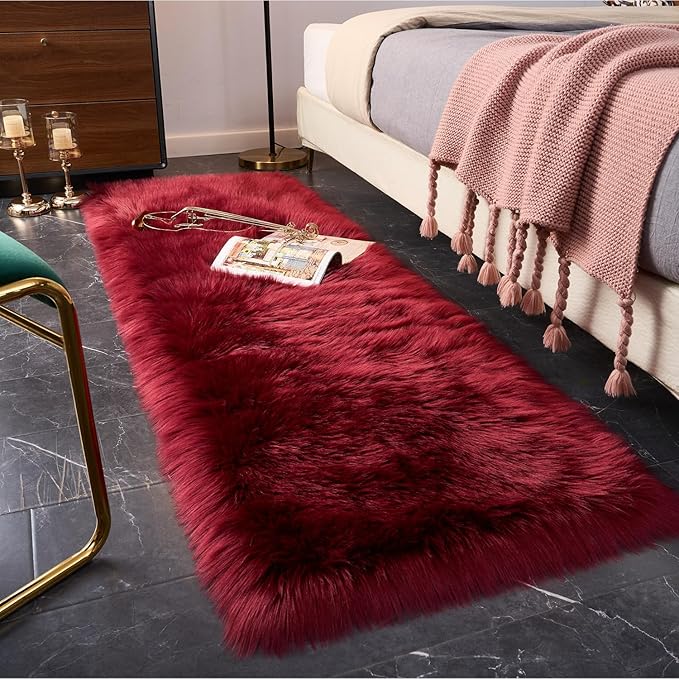 EasyJoy Ultra Soft Fluffy Rugs Faux Fur Rug Chair Cover Seat Pad Fuzzy Area Rug (2x6 ft Rectangle, Burgundy)