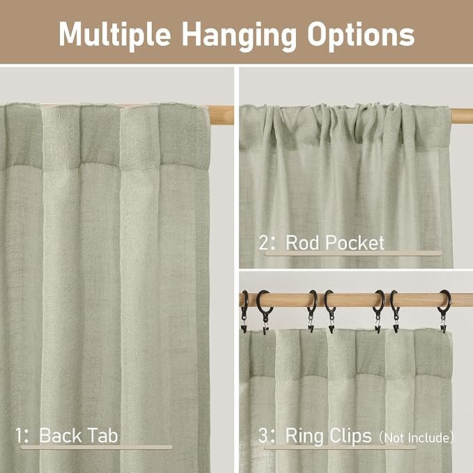 LAMIT Sage Grey Linen Boho Curtains 80 inch Length 2 Panels, Light Filtering Semi Sheer Panels Back Tab and Rod Pocket Neutral Drapes for Bedroom/Living Room, 52 x 80 Inch