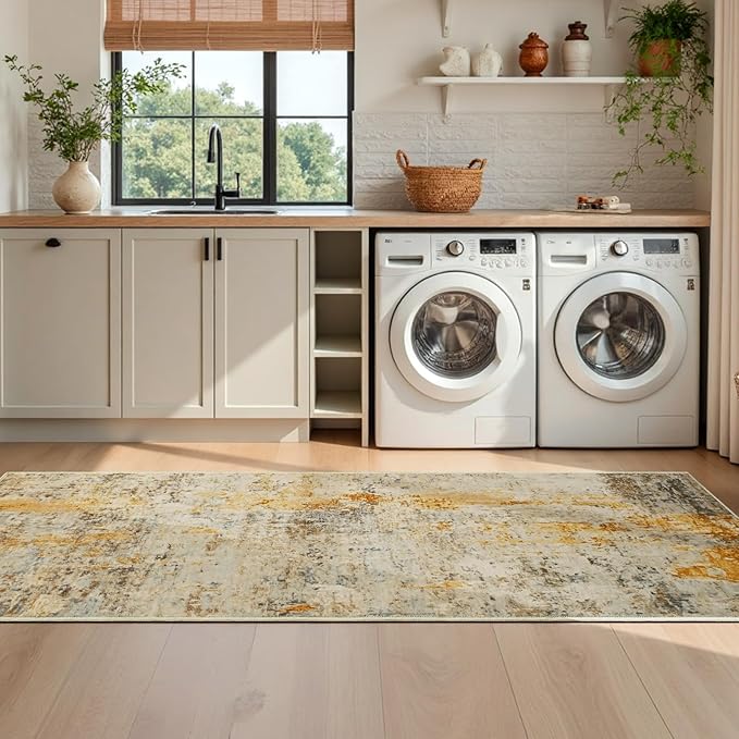 Runner Rug for Kitchen Beige Hallways Runner Rug Non Slip 2'6''x8' Washable Long Runner Rugs with Rubber Backing Soft Abstract Carpet Runner for Entryway, Kitchen, Bedroom, Bathroom