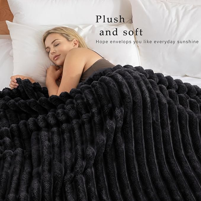 Exclusivo Mezcla Twin Size Flannel Fleece Blanket, Super Soft Striped Jacquard Bed Blanket, Lightweight Fuzzy Cozy for All Seasons, 60x80 Inches, Black