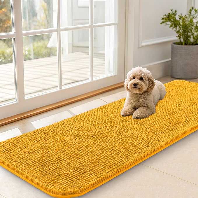 OLANLY Dog Door Mat for Muddy Paws 59x20, Absorbs Moisture and Dirt, Absorbent Non-Slip Washable Doormat, Quick Dry Chenille Mud Mat, Entry Indoor Entryway Carpet for Inside Floor, Golden Yellow
