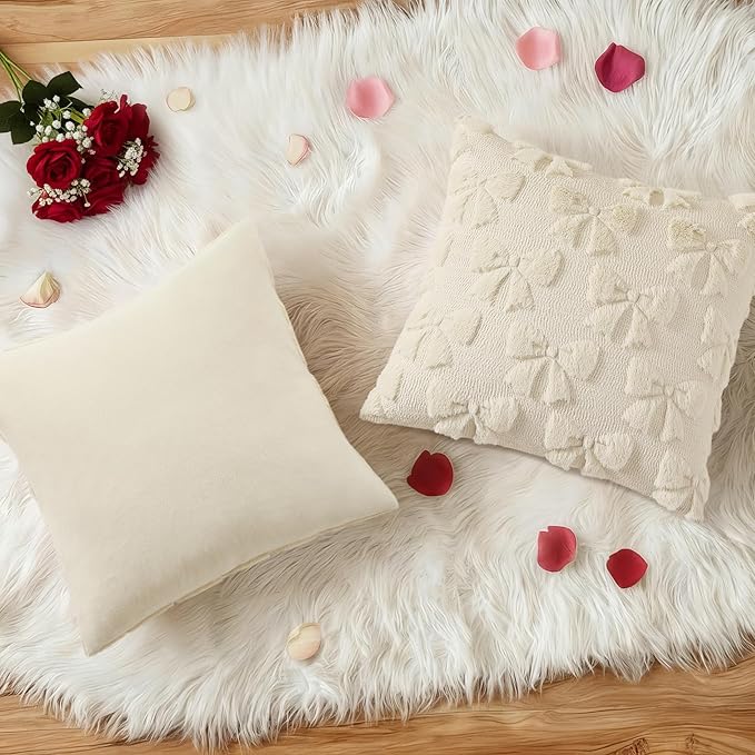 decorUhome Beige Bow Pillow Covers Set of 2 Coquette Aesthetic Cute Preppy Plush Faux Pillowcases for Girly Bedroom or Couch 20x20 Inch