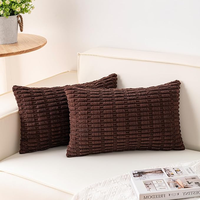 Pack of 2 Corduroy Decorative Throw Pillow Covers 12x20 InchSoft Boho Striped Pillow Covers Modern Farmhouse Home Decor for Sofa Living Room Couch Bed（Dark Brown）
