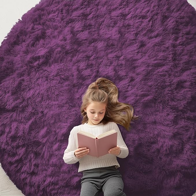 OLANLY Dark Purple Round Rugs for Bedroom - Machine Washable, 7 ft Circle Area Rugs for Living Room, Soft and Fluffy Shaggy Carpet for Teen Girl and Boys, Nursery Rooms, Dorms, Home Decor Aesthetic