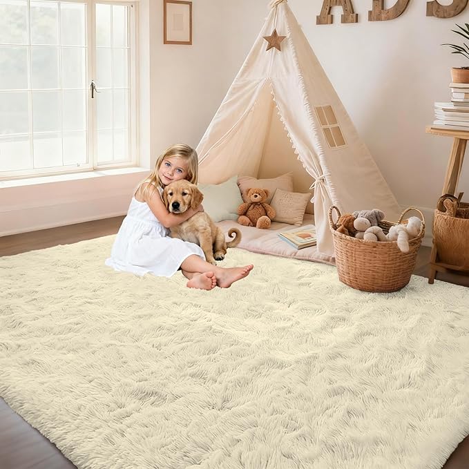 Circle Rug for Bedroom: 4FT Cream White Round Fluffy Shag Soft Washable Rugs Small Fuzzy Plush Indoor Carpet for Teen Kids Girls Boys Nursery Preppy Dorm Classroom (Cream White, 4'x6')