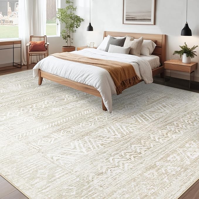 Living Room Rugs 10x14: Washable Moroccan Geometric Boho Rug Farmhouse Non Slip Stain Resistant Large Rug Low Pile Soft Carpet for Bedroom Dining Room Kids Room (Ivory Beige,10'x14')