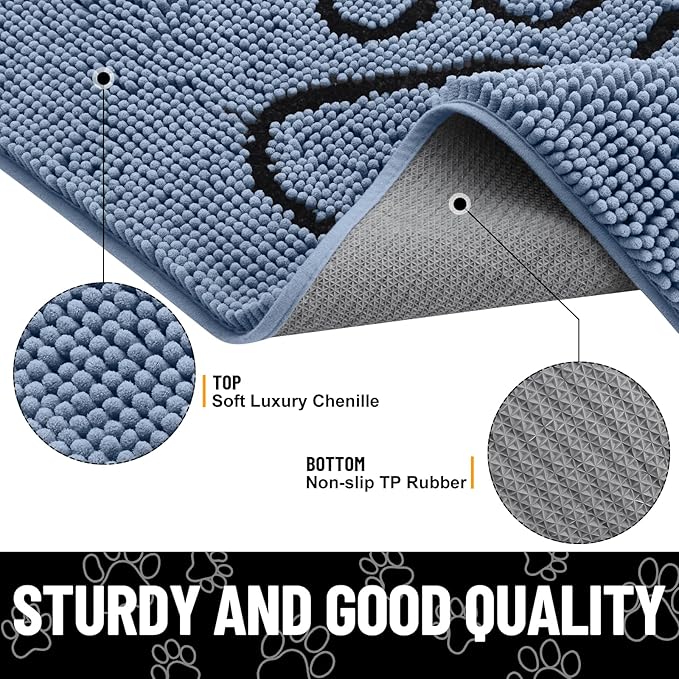 Smiry Dog Door Mat for Muddy Paws, Absorbent Dirt Trapper Non Slip Quick Dry Washable Chenille Mat for Mud Dogs, Entry Rug for Indoor and Outdoor (36x24 Inches, Airy Blue and Black)