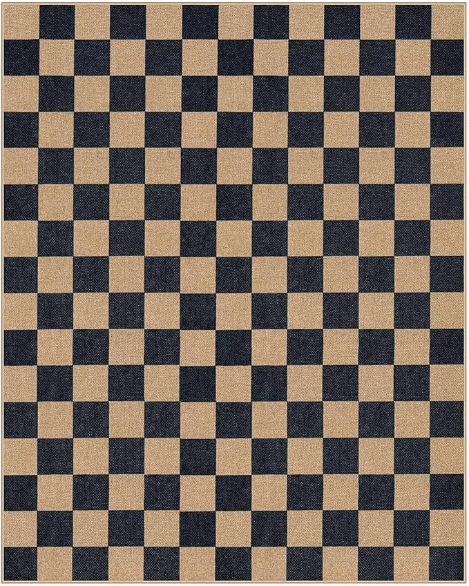 Lahome Colette Checkered Easy Jute 8x10 Rug, Washable Rugs for Living Room Office, Farmhouse Neutral Non Slip Non Shedding Stain Resistance Indoor Outdoor Carpet for Balcony Patio Classroom