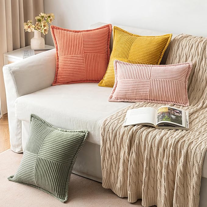 MIULEE Decorative Lumbar Throw Pillow Covers for Couch Bed Livingroom 12x20 Inch Set of 2 Light Olive Green Boho Accent Throw Pllows Broadside Striped Patchwork Soft Corduroy Summer Pillowcases