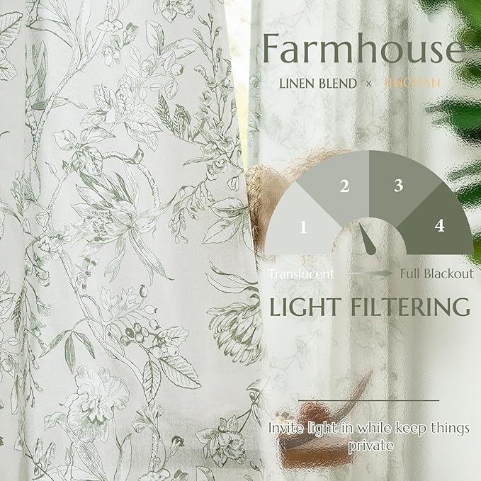 jinchan Floral Curtains 96 Inches Long Sage Green Flower Linen Farmhouse Curtain for Living Room French Country Vintage Curtain Rod Pocket Curtains Set 2 Panels Floral Printed