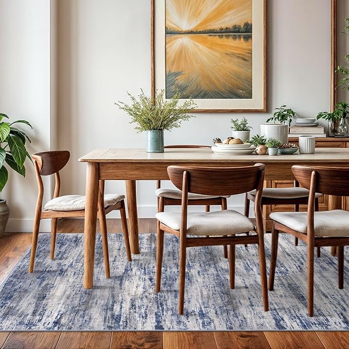 KOZYFLY Washable Area Rug 5x7 Modern Ombre Living Room Thin Area Rug Non-Slip Soft Striped Rug for Bedroom, Print Grey-Blue Abstract Carpet for Laundry Kid Room