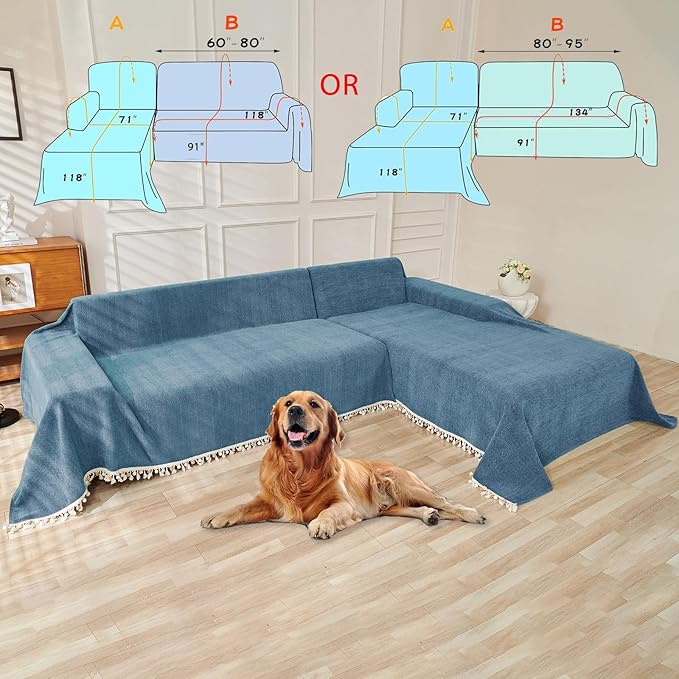 HANDONTIME Couch Slipcover Dog Sofa Covers Boho Couch Cover for Dogs Blue Sofa Throw Cover Bohemian Sofa Covers for 3 Cushion Couch Herringbone Sectional Couch Cover Slipcovers for Sofas, 91" X118"